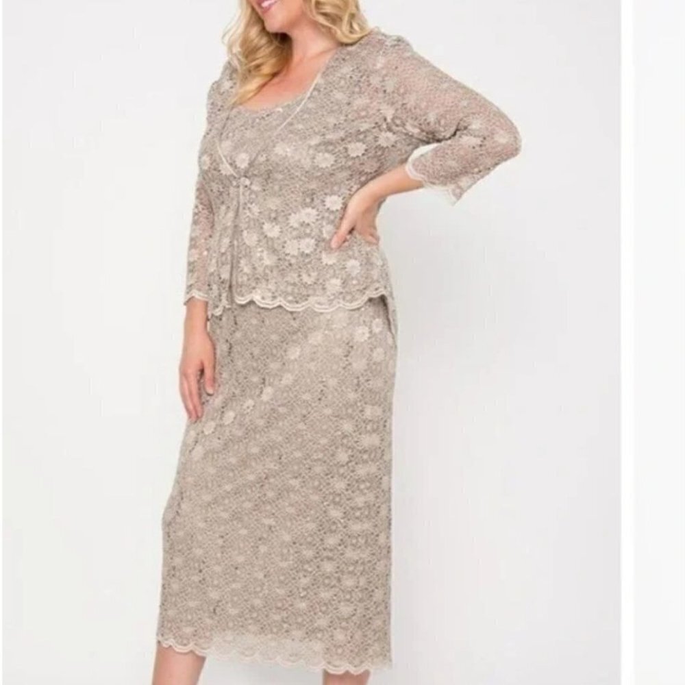 R&M Richards Beige 2 Piece Sequined Mother of The Midi Dress Jacket Size 18WP
